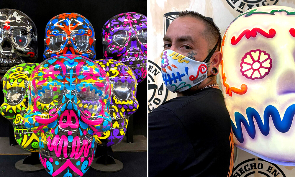 Cubrebocas y caretas con motivos mexicanos hechos por taller de artes plásticas El Volador, inspirados en el Día de Muertos